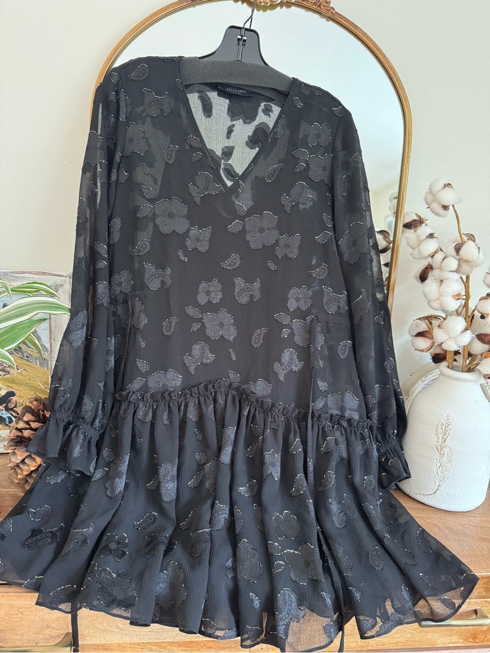 All Saints Black Floral Sheer Ruffle V-Neck Long Sleeve Dress